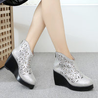 Original GKTINOO Fashion Rhinestones Gauze Sandals Summer New Mesh Boots Genuine Leather Women&#39;s Shoes Hollow Boots High Heels Wedges