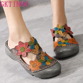 Original GKTINOO Flower Slippers Genuine Leather Shoes Handmade Slides Flip Flop On The Platform Clogs For Women Woman Slippers Plus Size