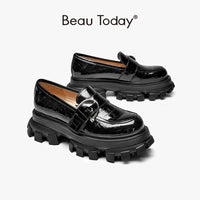 BEAU TODAY - Original Beau Today Platform Shoes Women Patent Leather Flats Alligator Pattern Round Toe Buckle Decoration Ladies Slip On Handmade 27738
