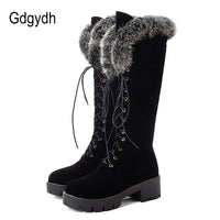 Original Gdgydh Lace-up Winter Shoes Women Snow Boots Real Fur Boots Women Knee High Suede Thick Heel Warm Outdoor With Zip Big Size 43