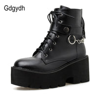 Original Gdgydh New Sexy Chain Women Leather Autumn Boots Block Heel Gothic Black Punk Style Platform Shoes Female Footwear High Quality