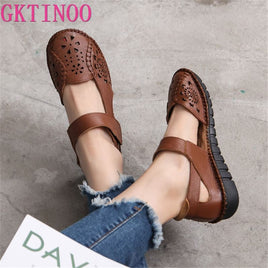 Original GKTINOO Hollow Genuine Leather Breathable Soft Flat Sandals Summer Women Shoes Woman Casual Solid Buckle Strap Ladies Sandals