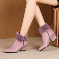 Original ZVQ Cute Sweet Leather Ankle Boots Winter Warm Chelsea Boots Pink Black Leather Party 5cm High Heels women&#39;s Shoes