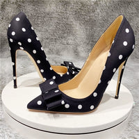 Original Bowknot design black pumps white dot 12cm thin high heels spring summer pointed toe slip on plus 45 lady 10cm 8cm BM024 ROVICIYA