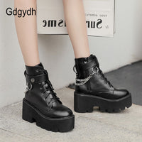 Original Gdgydh New Sexy Chain Women Leather Autumn Boots Block Heel Gothic Black Punk Style Platform Shoes Female Footwear High Quality