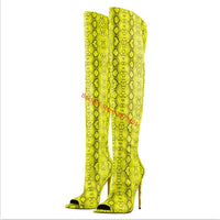 Original Women & Over The Knee Boots Yellow Snake Peep Toe Spring Boots Skin Print Pattern Stiletto Fashion Party High Boots