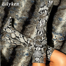 Original Eilyken Pleated Colorful Snake Grain Women Boots Female High Heel Knee High Pointed Toe Zipper Winter Ladies Shoes