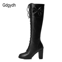 Original Gdgydh 2022 Autumn Winter Women Knee-High Motorcycle Boots Thick Heel Platform Bow-knot Female Wedding Boots Plus Size 48 Gothic