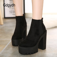 Original Gdgydh Fashion Black Ankle Boots For Women Thick Heels Spring Autumn Flock Platform Shoes High Heels Black Zipper Ladies Boots