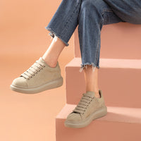 BEAU TODAY - Original Women Platform Sneakers Cow Suede Leather Lace-Up Casual Round Toe Lady Flats Shoes with Thick Sole Handmade 29116