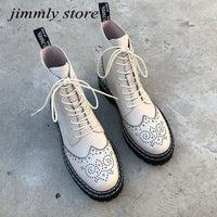 Original Genuine Leather Boots Women Hollow Out Flowers Brogues Platform Street Motorcycle Boots Women Riding Botas Mujer
