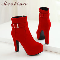 Original Meotina Female Boots Women Boots Winter Buckle Super High Heel Ankle Boots Zipper Platform Thick Heel Short Shoes Lady Red 33-43