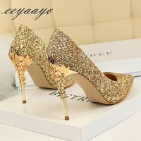 EEYAAYO - Original 2020 New Spring Women Pumps High Thin Heels Pointed Toe Metal Decoration Sexy Bling Bridal Wedding Women Shoes Gold High Heels