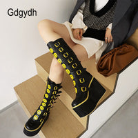 Original Gdgydh Womens Yellow Smiley Face Gothic Boots Buckle Strap Platform Wedges Heel Winter Punk Shoes Increasing Cosplay Party New