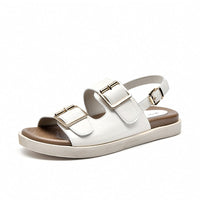 BEAU TODAY - Original Sandals Women Genuine Cow Leather Metal Detailed Ankle Buckle Strap Summer Beach Ladies Low Heel Shoes Handmade 38128