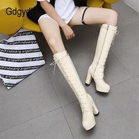 Original Gdgydh 2022 Patent Leather Women Knee-High Boots Red Wedding Boots Lace-up Round Toe Thich High Heels Female Boots Plus Size 48