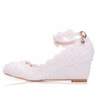 Original Crystal Queen White Flower Wedding Shoes Lace Pearl High Heels Sweet Bride Dress Beading Wedges 5CM Women Pumps