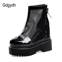 Original Gdgydh Gothic Punk Black Summer Mesh Booties Women Height Increasing Genuine Pantent Leather Summer Shoes Hollow Out Zipper New