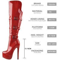 Original Only maker Women & Platform Round Toe Stiletto Side Zipper Knee High Boots16CM High Heel Patent Leather Red Long Boots For Winter