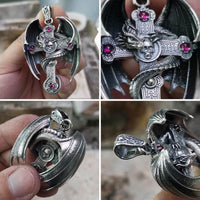 Original 925 Sterling Silver Gothic Dragon Cross Pendant Mens Biker Punk Pendant TA255