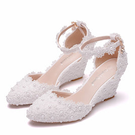 Original Crystal Queen Wedges Heel Woman Wedding Shoes Bride White Lace UP Sweet Bridesmaid Bridal Pumps Platform