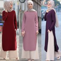 Original Muslim Abaya Dress Long Tops Arab Turkey Dubai Brief Solid Side Split O Neck Long Sleeve Top Eid Ranmadan Islamic Clothing Ropa