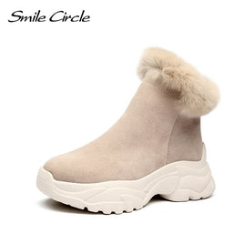 Original Smile Circle Suede leather Ankle Boots Women Flat platform shoes winter plush Keep warm Thick bottom Short Boots Ladies snow boo