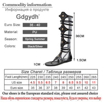 Original Gdgydh 2022 New Sexy Rhinestone Gladiator Knee Sandals Flats Back Zipper Black Silver Rome Knee High Sandals Women Wholesale