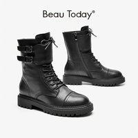 Original Beau Today Motorcycle Boots Women Cow Leather Zipper Closure Buckle Decoration Lace-Up Ladies Ankle Winter Boots Handmade 03474