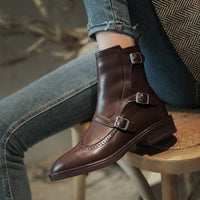 HOLY JASMINE - Original 2020 Autumn New Woman Buckle Chelsea Boots Handmade Genuine Leather Round Toe Shoes Quality Buckle Square Low Heel Lady Boots
