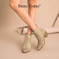 BEAU TODAY - Original Chelsea Boots Women Genuine Leather Cow Suede Pointed Toe Ankle Length High Heel Lady Shoes Handmade 03341