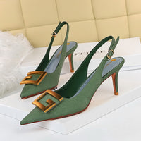 Original European and American Fashion Women&#39;s Shoes Fine Heel High Heel Shallow Tip Hollow Metal Quartet Buckle Single Shoes