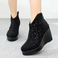 Original GKTINOO Fashion Rhinestones Gauze Sandals Summer New Mesh Boots Genuine Leather Women&#39;s Shoes Hollow Boots High Heels Wedges