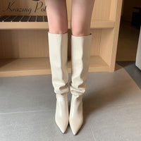Original Krazing pot 2022 genuine leather pointed toe high heels slip on winter shoes nightclub party pleated solid knee high boots L85