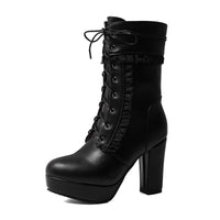 Original Gdgydh 2022 Autumn Winter Short Boots For Women High Hoof Heels Lace-up Ankle Strap Buckles Female Ankle Boots Fashion Ruffles