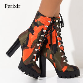 Original Perixir Lace Up Chunky Heel Platform Bootie Camouflage Print Round Toe Block Heel Boots Mid Calf Winter Boots Women Night Club