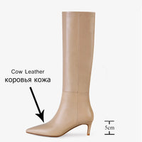 Original Taoffen Size 33-43 Women Genuine Leather Knee High Boots Pointed Toe Thin Heel Slip On Party Club Winter Ladies Footwear