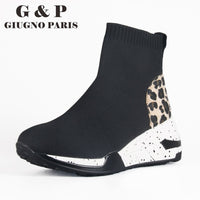 Original High top sock shoes women platform sneakers ladies causal fashion knitted sock shoes slip on leopard upper brand designer