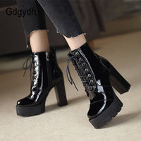 Original Gdgydh 2021 Thick High Heeled Female Patent Leather Ankle Boots Round Toe Lace-up Zipper Women Short Boots Gothic Women Shoes