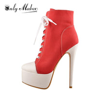 Original Onlymaker Brand Platform Canvas Ankle Booties 16CM High Heel Lace up Zipper Stiletto Black Red Plus Size Ankle Boots