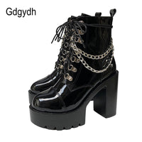 Original Gdgydh 2022 Autumn Winter Gothic Women Ankle Boots Fashion Metal Chain Patent Leather Female Short Boots Punk Style Ladies Shoes