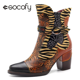 Original Socofy Retro Printed Cowgirl Ankle Boots Women Spring Patchwork Horsehair Genuine Leather Women Boots Shoes Woman Zipper Booties