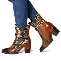 Original Socofy Retro Printed Cowgirl Ankle Boots Women Spring Patchwork Horsehair Genuine Leather Women Boots Shoes Woman Zipper Booties