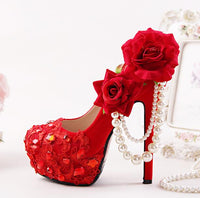 Original New Arrival Red color Flock Women wedding shoes Bride 8cm/11cm/14cm high heels platform shoes Bridal Big Flower shoe Red sole