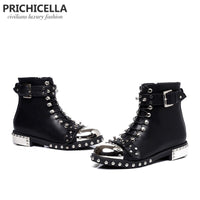 Original PRICHICELLA quality black flats genuine leather studded lace up ankle boots,motorcycle winter booties