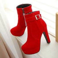 Original Meotina Female Boots Women Boots Winter Buckle Super High Heel Ankle Boots Zipper Platform Thick Heel Short Shoes Lady Red 33-43