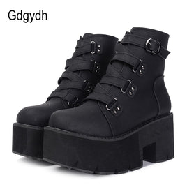 Original Gdgydh Spring Autumn Ankle Boots Women Platform Boots Rubber Sole Buckle Black Leather PU High Heels Shoes Woman Comfortable