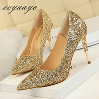 EEYAAYO - Original 2020 New Spring Women Pumps High Thin Heels Pointed Toe Metal Decoration Sexy Bling Bridal Wedding Women Shoes Gold High Heels