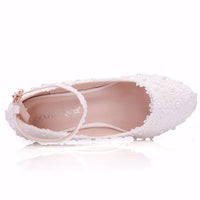 Original Crystal Queen White Flower Wedding Shoes Lace Pearl High Heels Sweet Bride Dress Beading Wedges 5CM Women Pumps