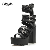 Original Gdgydh Women Gothic Shoes High Block Heel Hollow Out Sandals Gladiator Clubwear Shoes Platform Fashion Buckle Ankle Strap Drop